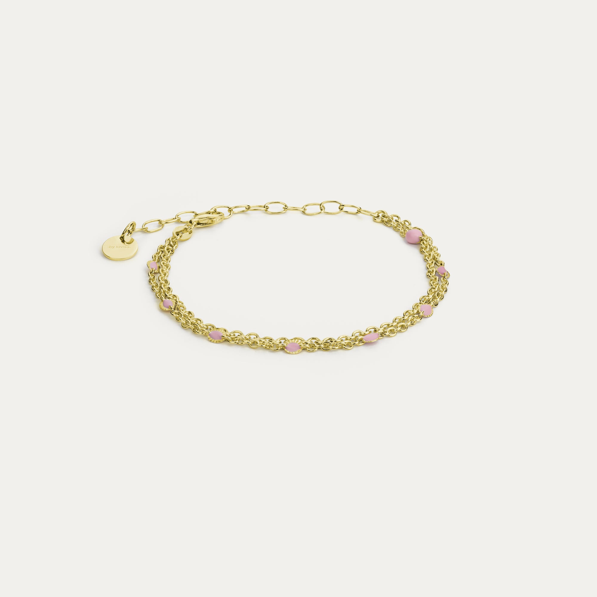 Tvöfalt armband gyllt og bleik emelering