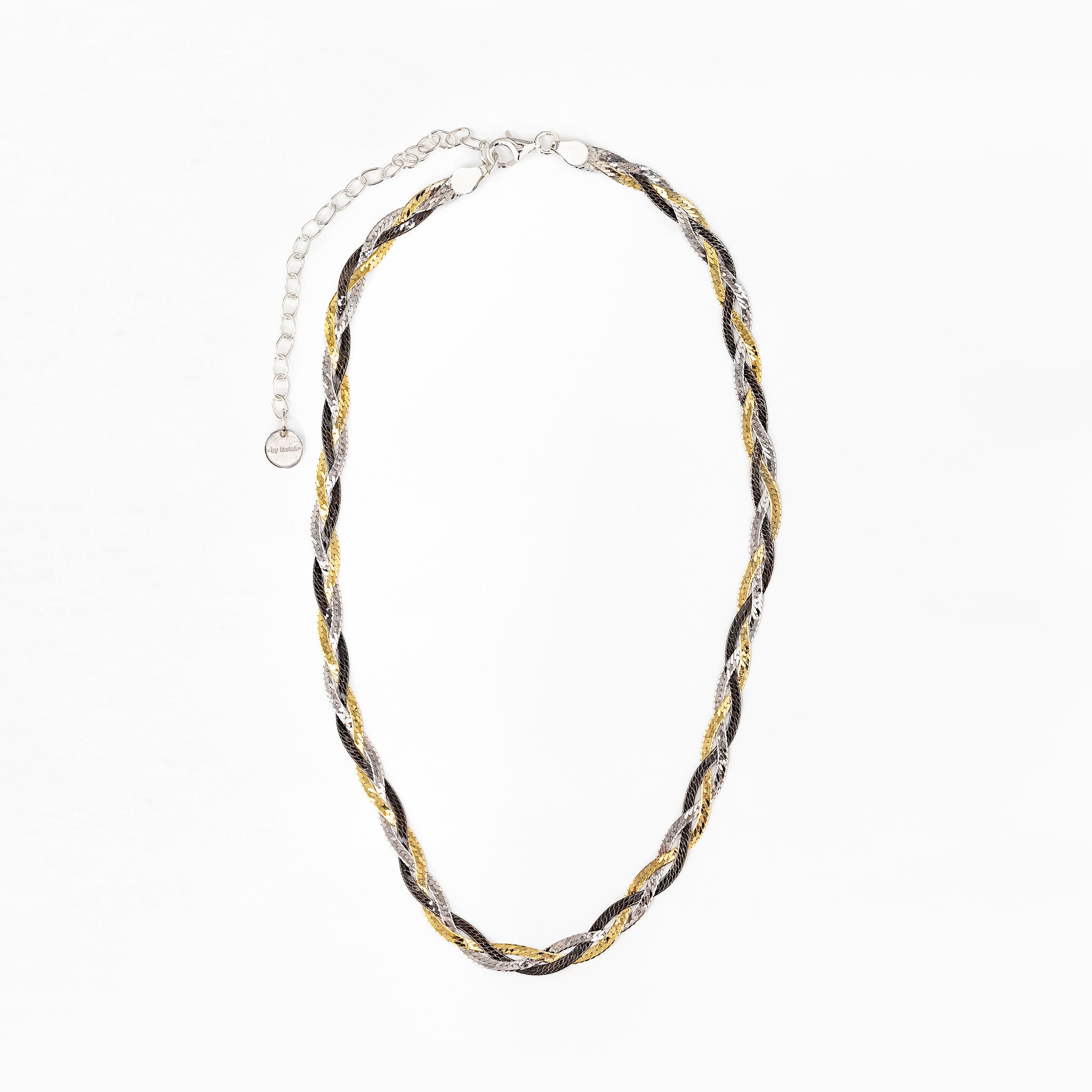 Hálsfesti fossflétta gyllt, silfur og svört